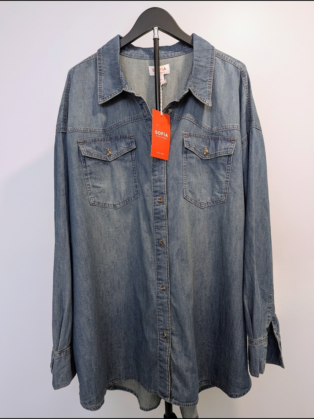 SOFIA Washed Denim Button-Up Shirt - Light Blue